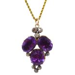 14ct gold amethyst and diamond pendant on gold rope twist chain necklace,