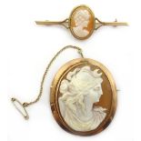 Rose gold cameo brooch stamped 9ct and gold cameo bar brooch,