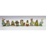 Nine Beswick Beatrix Potter figures; Appely Dapply, Mr Drake Puddle-Duck, Old Mr Brown, Mrs Rabbit,