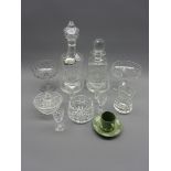 Cut crystal decanter with silver sherry label, another cut glass decanter,