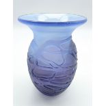 Mdina glass vase designed by Michael Harris, blue and purple tones with applied strap work, H17.