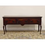 17th century oak dresser base, rectangular moulded to above three drawers with oak banding,