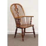 19th century yew and elm high back Windsor armchair, crinoline stretcher,