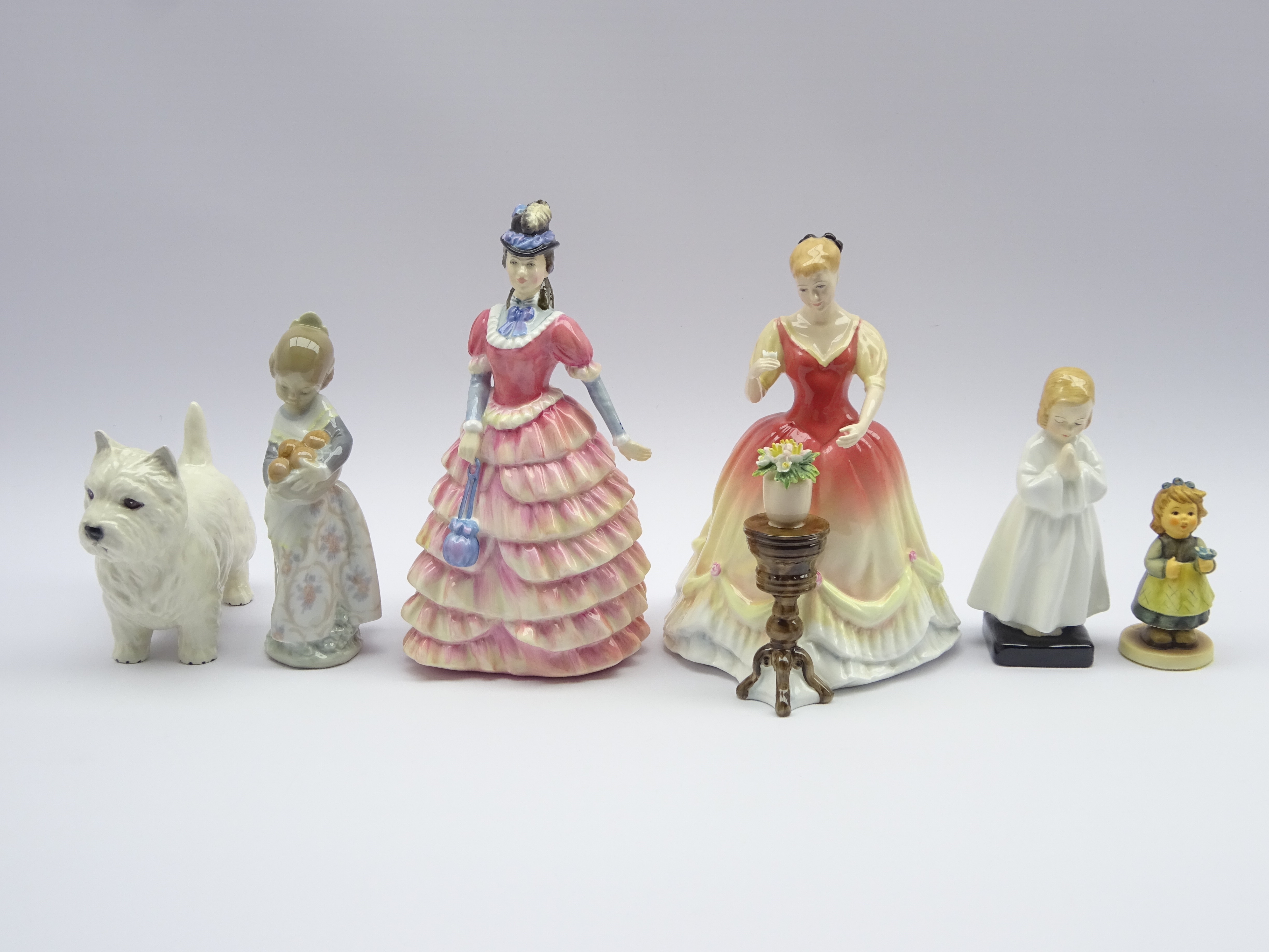 Three Royal Doulton figures; Sarah HN 3380, Diane HN 3604 & Bedtime,