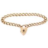 Rose gold curb link heart locket bracelet, stamped 9ct, approx 15.