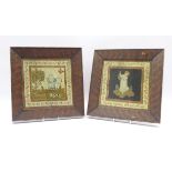 Pair Victorian framed woolwork samplers depicting a girl hoop rolling in a garden setting and a