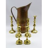 Three pairs of 19th century brass candlesticks,