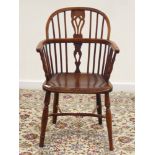 19th century and later yew wood and elm Windsor armchair, low stick and pierced splat back,