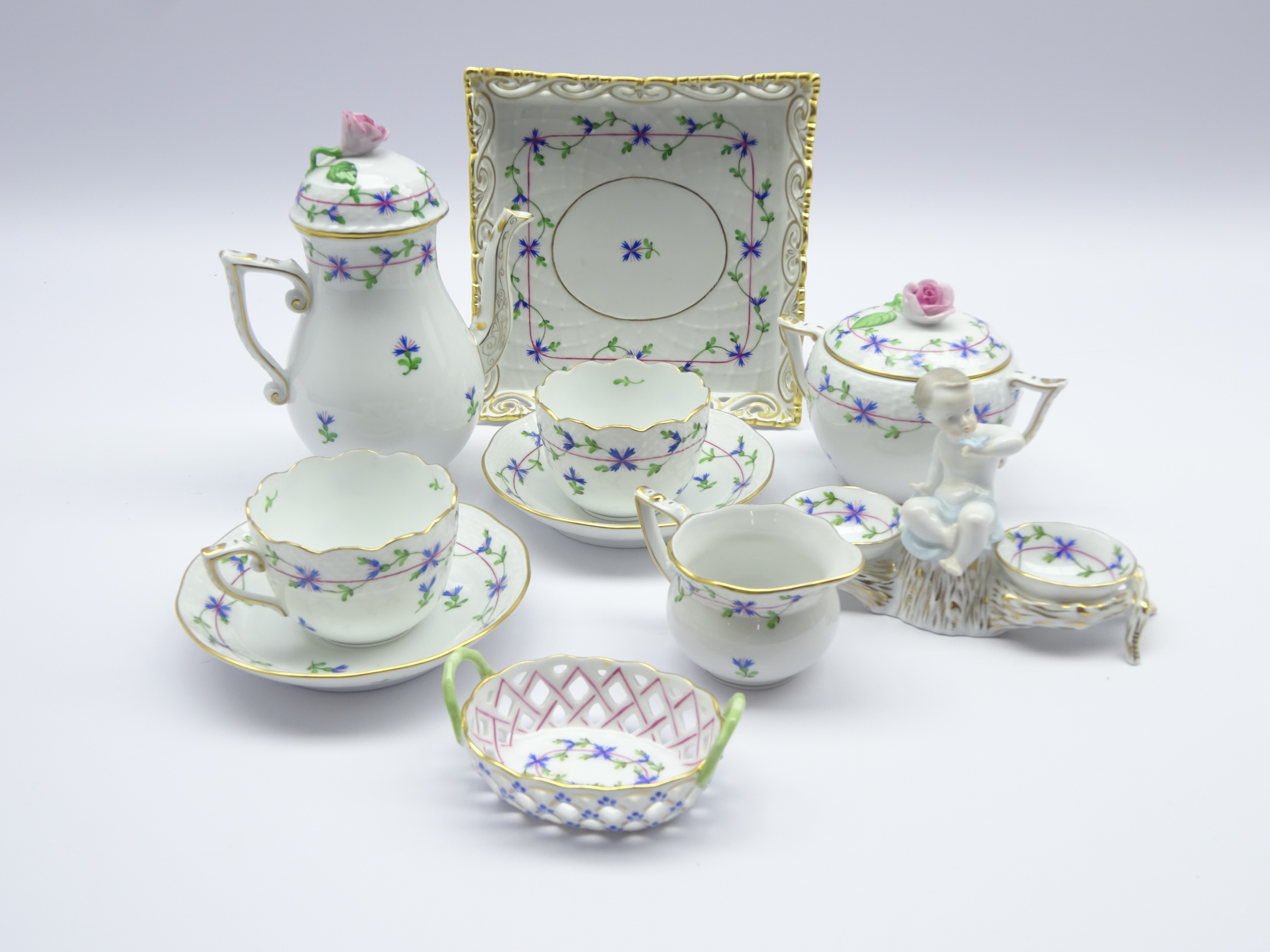 Herend 'Cornflower Garland' coffee ware comprising two cups and saucers, hot water pot, cream jug, - Image 2 of 2