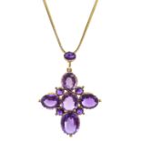 14ct gold (tested) amethyst cross pendant on foxtail chain necklace,
