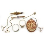 Gold opal bar brooch, diamond bar brooch, stamped 15, gold stick pin,