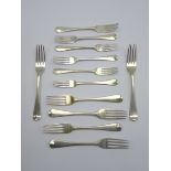 Set of 6 George III silver Old English pattern table forks and 6 matching dessert forks London 1815