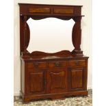 Edwardian walnut dresser, raised panelled and bevelled mirror back with turned and fluted supports,