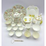 Minton Haddon Hall part coffeepot, six cups, two tier cake stand,