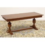 Medium oak rectangular coffee table, lunette carved frieze, on two baluster supports,133cm x 58cm,