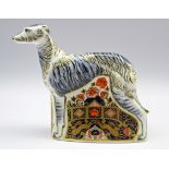Royal Crown Derby paperweight 'Lurcher', with gold stopper and box,