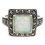 Silver opal and marcasite ring,