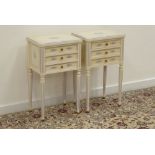 'Balzarotti Furniture' pair cream and floral painted three drawer bedside stands, W41cm, H68cm,