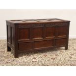 17th century oak mule chest, four panelled and moulded hinged lid and front,