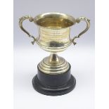 'The Harris Challenge Cup' - An engraved 2 handled trophy on a plastic socle Sheffield 1955 H 28cms