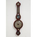 19th century rosewood cased banjo barometer, subsidiary thermometer, circular mirror and level,