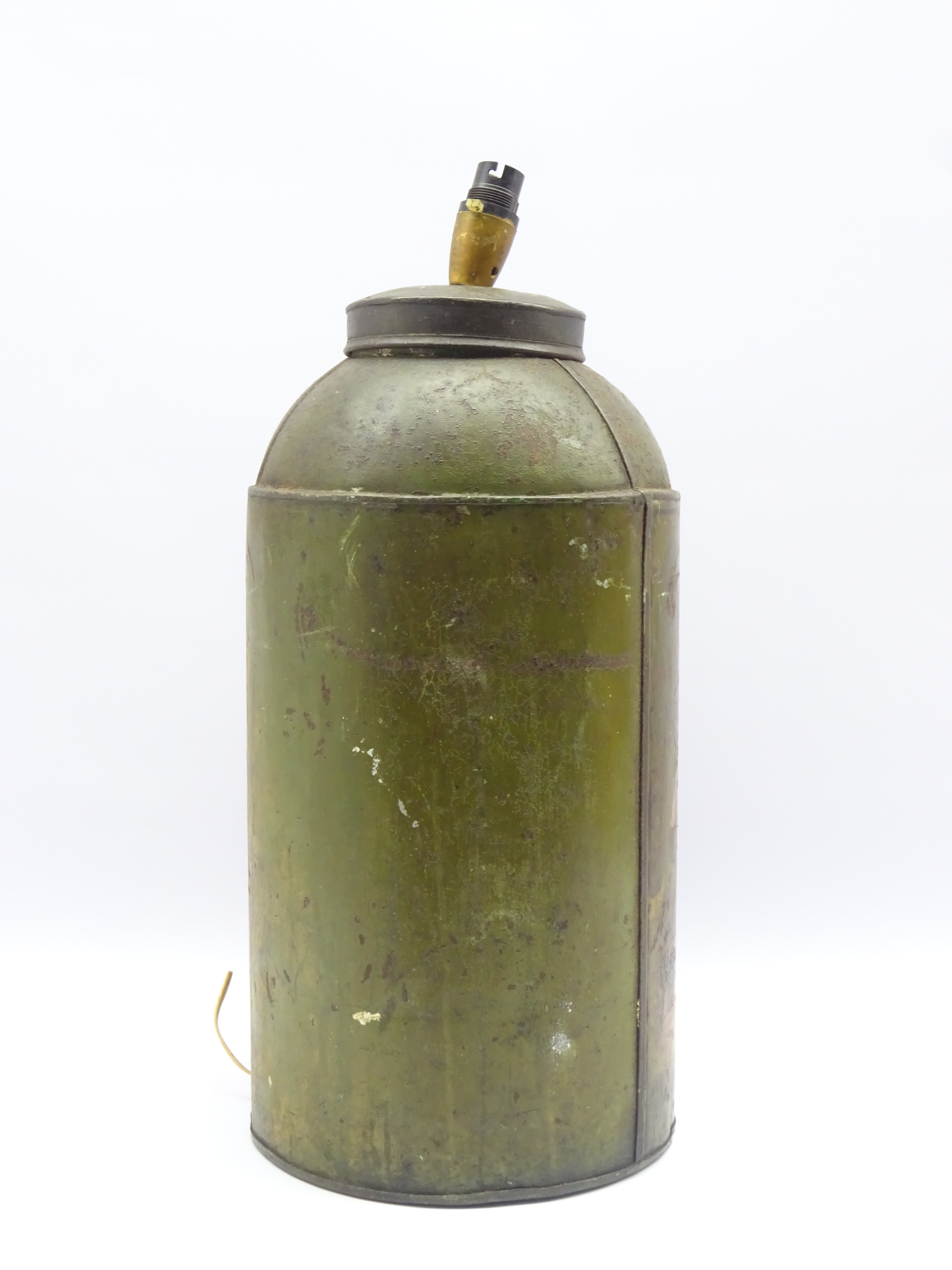 19th century Toleware tea canister, of cylindrical form painted with figures on green ground, - Image 2 of 3