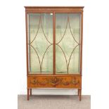 Edwardian fine quality satin walnut display cabinet, painted with fine floral swags,