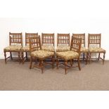 Edwardian set eight oak dining chairs, pierced detailed and turned spindle back, moulded frames,
