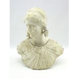 Victorian carved marble bust of a young girl with flowers in her hair,