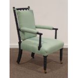 20th century ebonised bobbin turned armchair, upholstered in mint green,