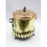 Victorian brass and copper coal box, with two moulded handles, acorn finial on three splayed feet,