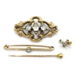 Victorian 9ct gold (tested) aquamarine and stone set brooch, gold single stone aquamarine brooch,