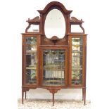 Edwardian mahogany cabinet, moulded arched pediment with carved and fluted supports,