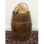 19th century oak and brass bound barrel, loop carrying handle with riveted stays,