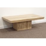 Contemporary marble effect coffee table, rectangular top on single pedestal base, 71cm x 130cm,