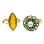 14ct gold (tested) marquise cut citrine ring and a gold turquoise and pearl circular ring,