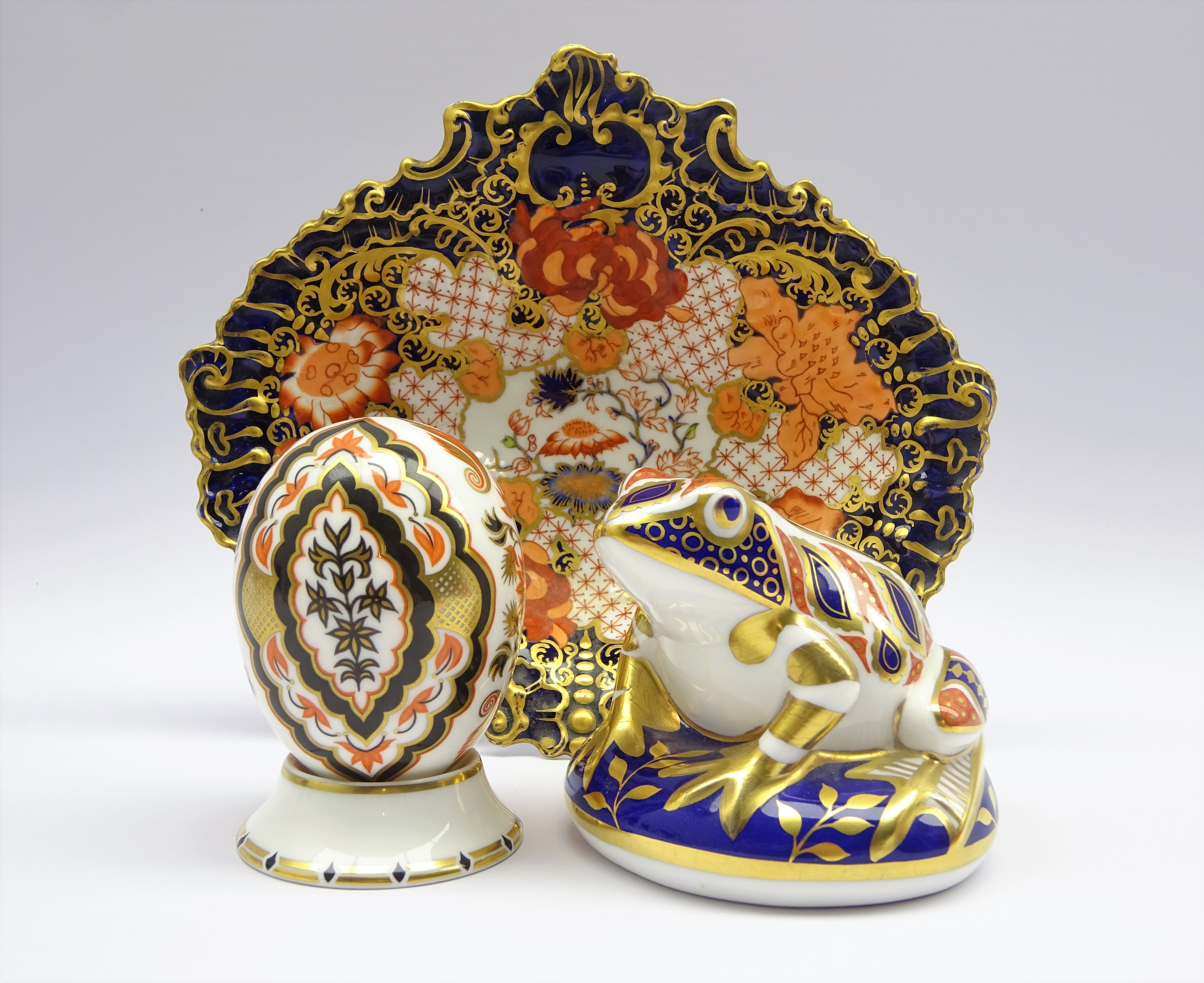 Two Royal Crown Derby paperweights 'Frog' and 'India' and a Royal Crown Derby Imari leaf shaped