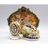 Two Royal Crown Derby paperweights 'Frog' and 'India' and a Royal Crown Derby Imari leaf shaped