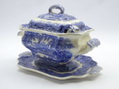 Mason's Vista pattern blue and white soup tureen with stand and ladle,