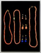 Three coral bead necklaces, one with gold clasp stamped 14K,