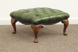 20th century square footstool upholstered in buttoned green leather, cabriole feet, 57cm x 57cm,