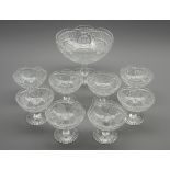 Meissen glass fruit set with cut and etched decoration comprising large pedestal bowl and 8 smaller