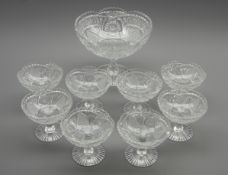 Meissen glass fruit set with cut and etched decoration comprising large pedestal bowl and 8 smaller
