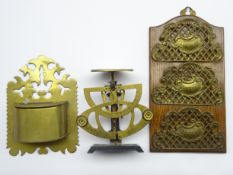 Late Victorian oak letter rack with pierced brass racks,