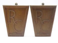 Pair 1960s 'Mouseman' oak wall plaques with carved R.C monogram by Robert Thompson of Kilburn, H29.