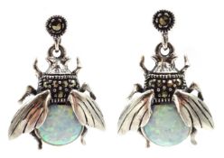 pair of opal and marcasite bug ear-rings,