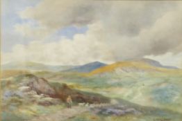 Gilbert Evans, shepherd with sheep on fell side path, signed, watercolour, 37.5cms x 55.