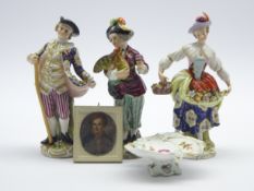Pair Continental porcelain figures collecting flowers, a similar figure of a boy with a Cockerel,