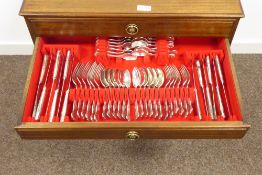 Suite of Kings pattern plated table cutlery for 12 covers in a mahogany 3 drawer cutlery table 111