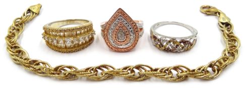Two diamond set silver rings, similar-gilt bracelet,